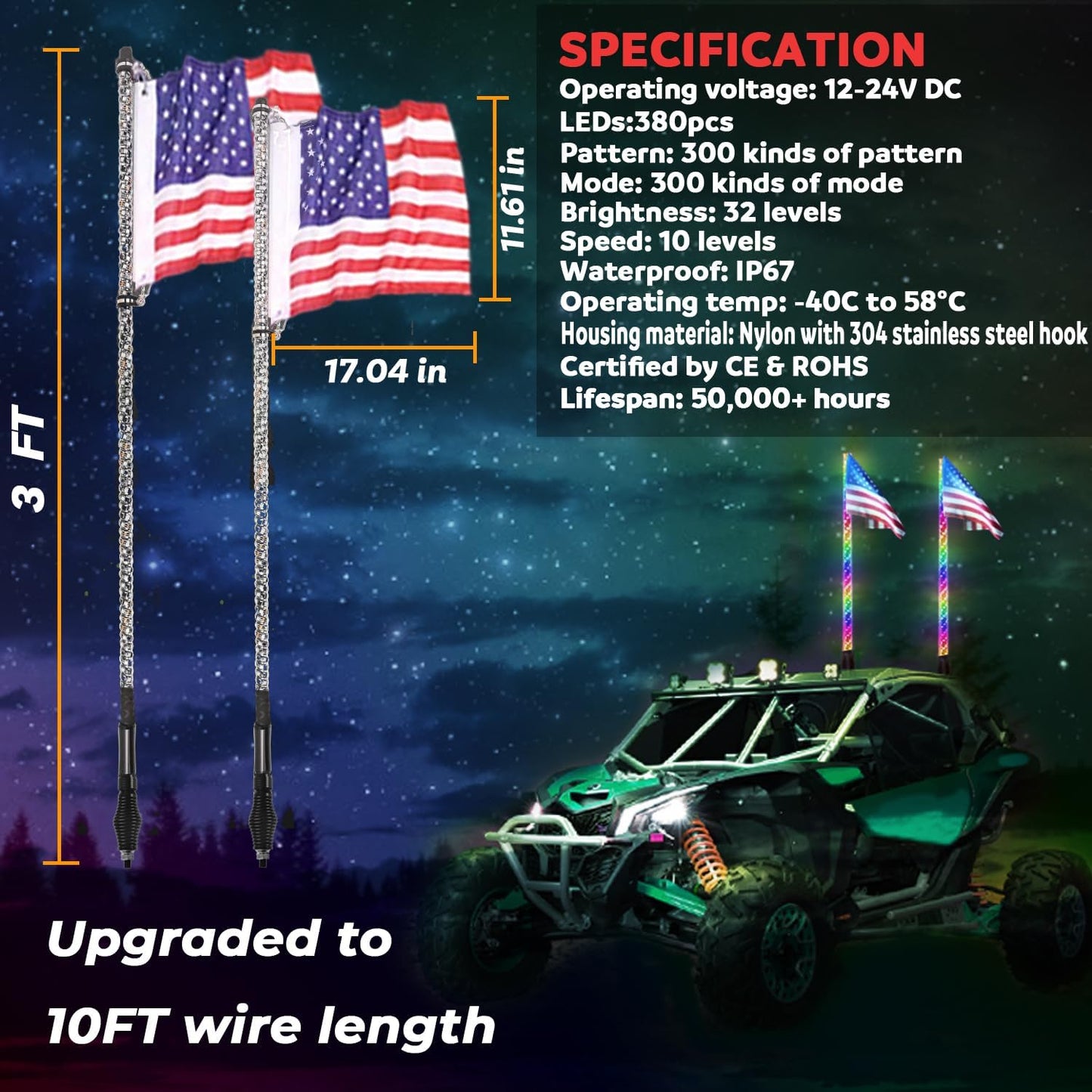 OHMU 2pcs 3FT Led Whip Lights with Bluetooth,Remote Control [Spring Base] [300 Colors] [366 Lighting Modes] 360°Spiraling Rising Dream Wrapped Dancing Offroad Warning Antenna Whips for Side by Side