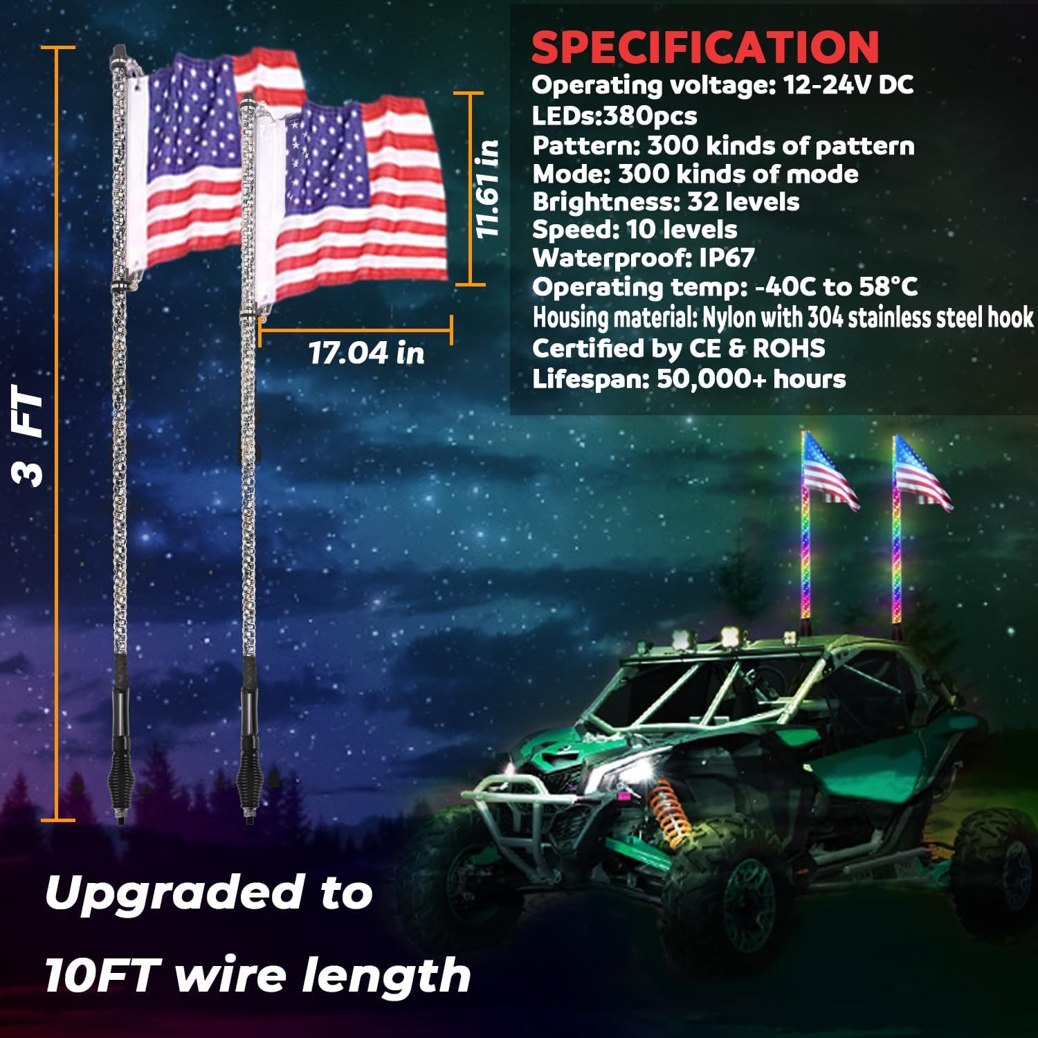 OHMU 2pcs 3FT Led Whip Lights with Bluetooth,Remote Control [Spring Base] [300 Colors] [366 Lighting Modes] 360°Spiraling Rising Dream Wrapped Dancing Offroad Warning Antenna Whips for Side by Side