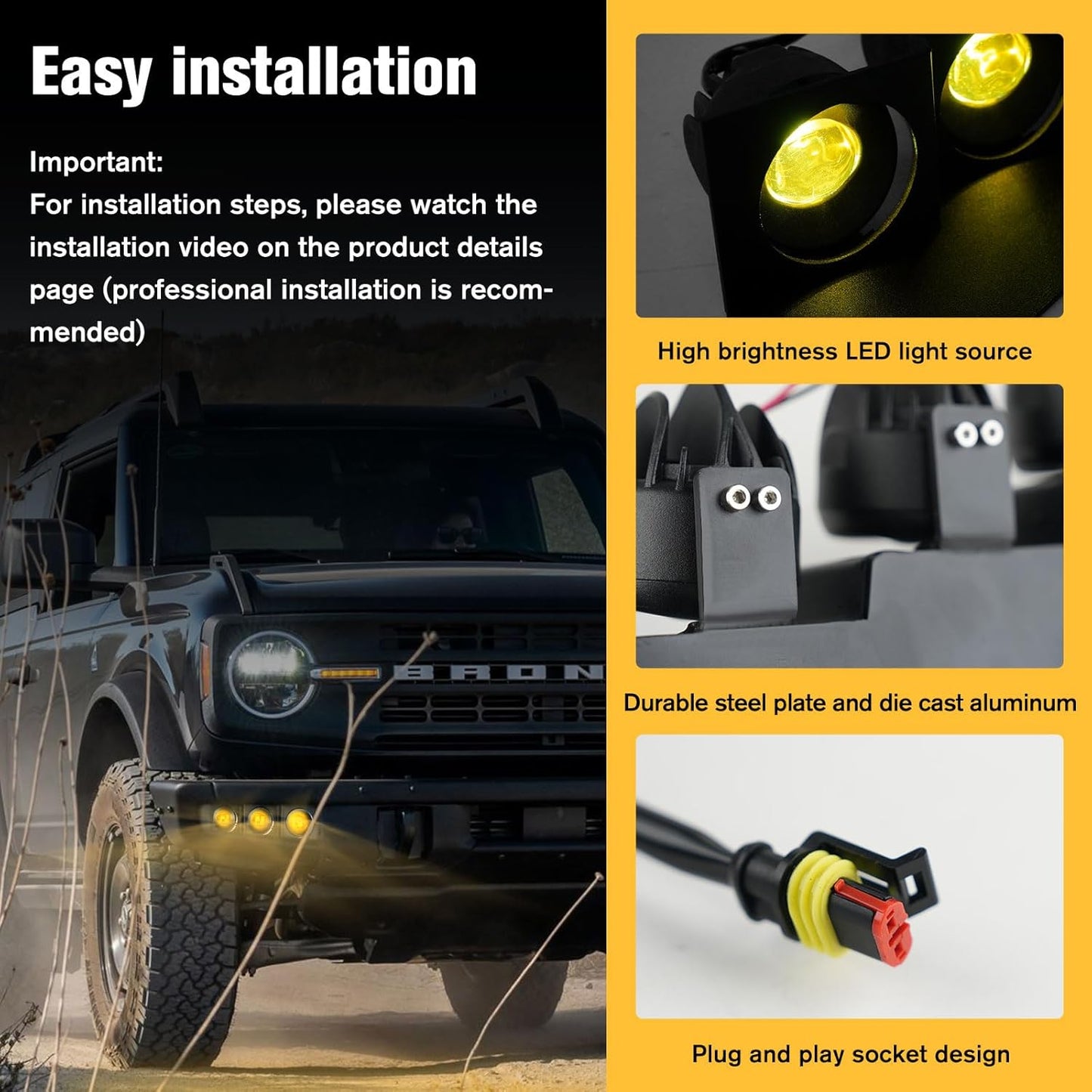 LED Front Bumper Fog Light with Mounts, Modular Bumper Fog Lamps Accessories, Ultra-Bright Amber Light Source Compatible with Ford Bronco 2021 2022 2023 2/4 Door