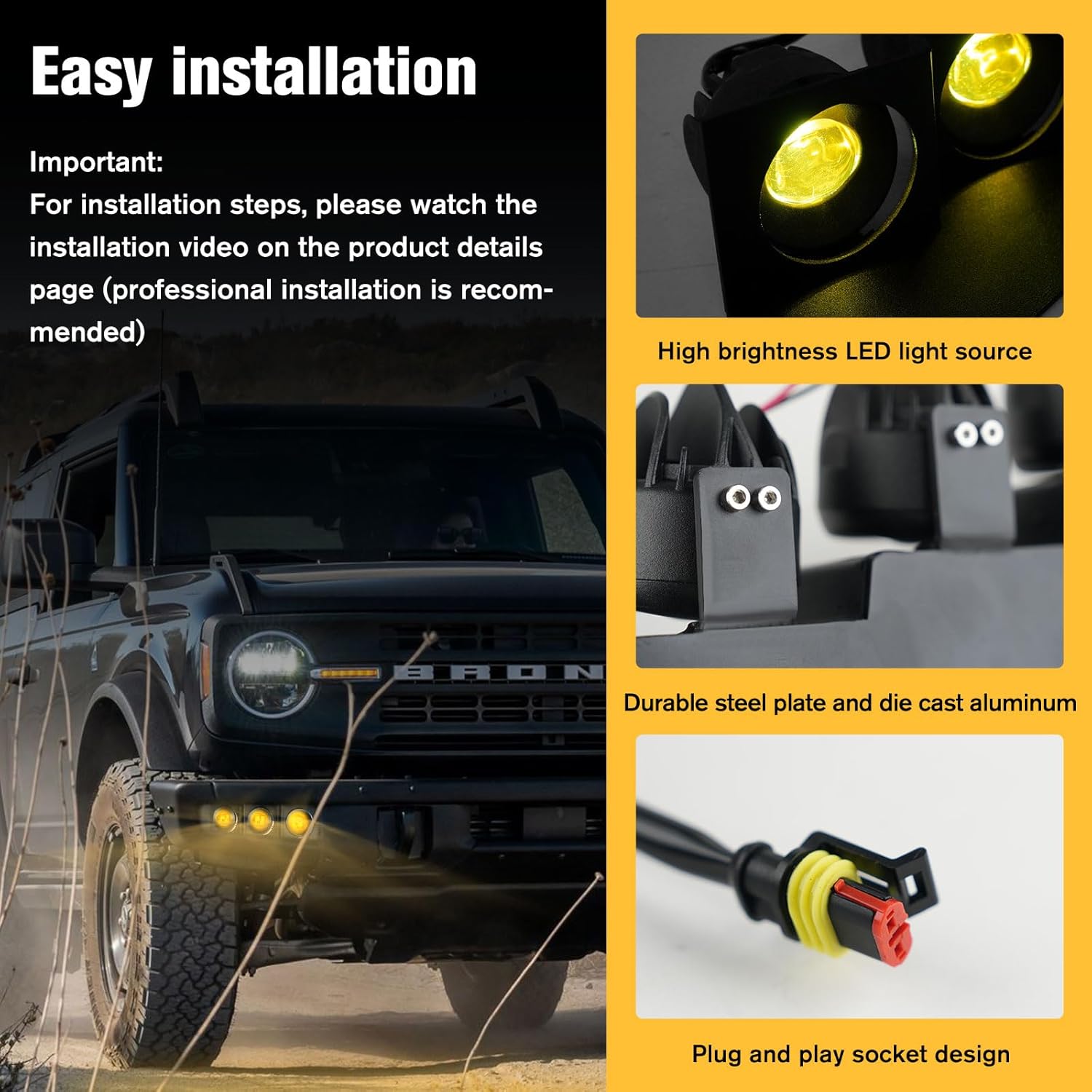 LED Front Bumper Fog Light with Mounts, Modular Bumper Fog Lamps Accessories, Ultra-Bright Amber Light Source Compatible with Ford Bronco 2021 2022 2023 2/4 Door