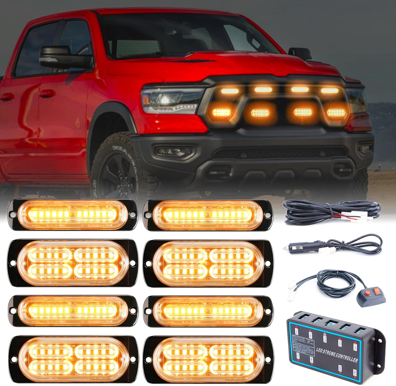 8pcs Sync Feature Emergency Strobe Grille Lights with Controller for Firefighter/Construction/Trucks/Vehicles/Car