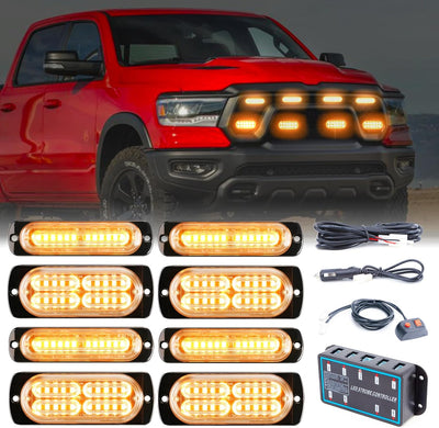 8pcs Sync Feature Emergency Strobe Grille Lights with Controller for Firefighter/Construction/Trucks/Vehicles/Car