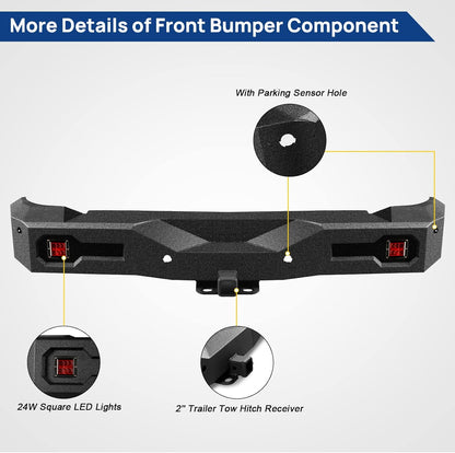 Off Road Rear Bumper Fit for Ford Bronco 2021 2022 2023 2024 2025, Heavy-duty Steel Bumper with 2 Red Lights, Hitch Receiver, Sensor Holes Not for Bronco Sport