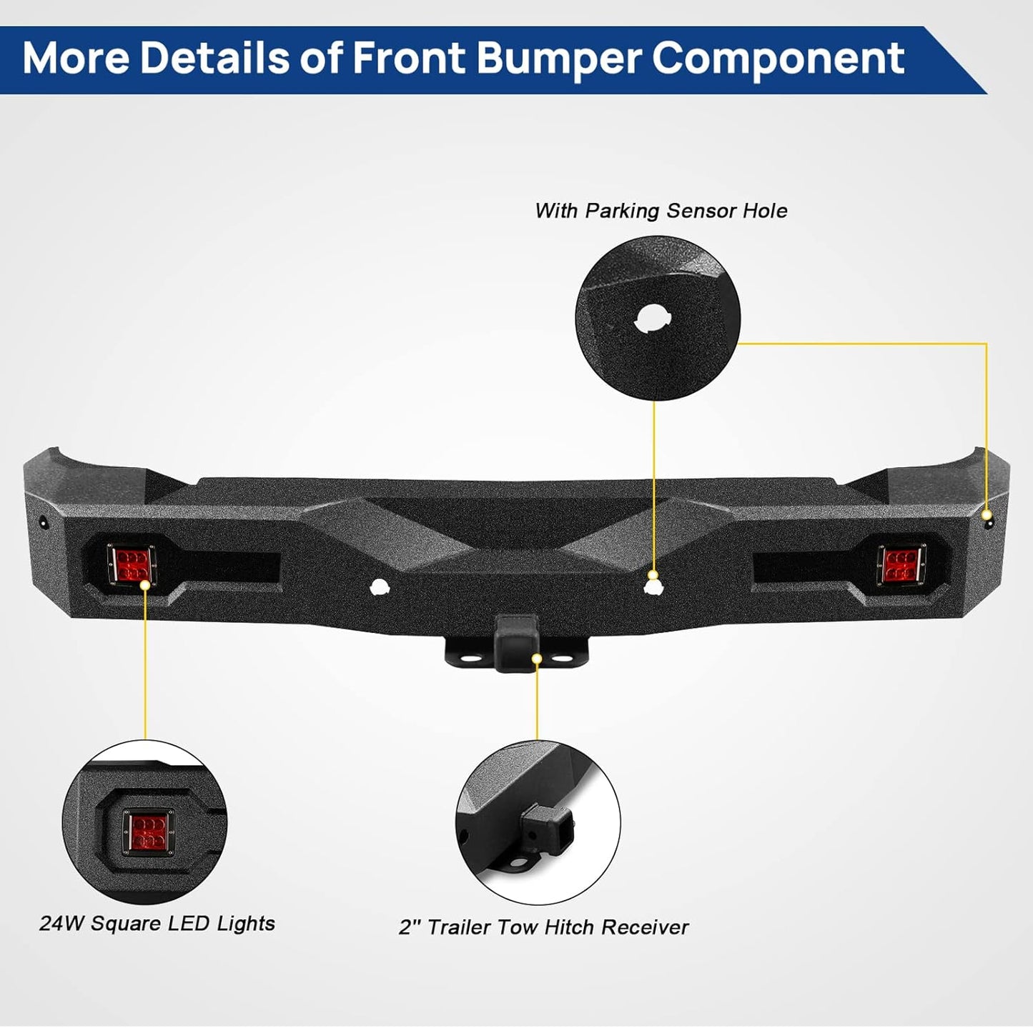 Off road Front Rear Bumper Fit for Ford Bronco 2021 2022 2023 2024 2025 with 6 Lights D-Rings Hitch Receiver Sensor Holes Steel Front Rear Bumper Not for Bronco Sport