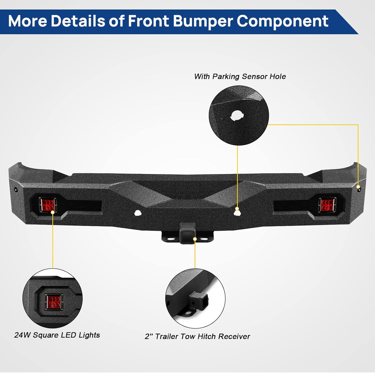 Off road Front Rear Bumper Fit for Ford Bronco 2021 2022 2023 2024 2025 with 6 Lights D-Rings Hitch Receiver Sensor Holes Steel Front Rear Bumper Not for Bronco Sport