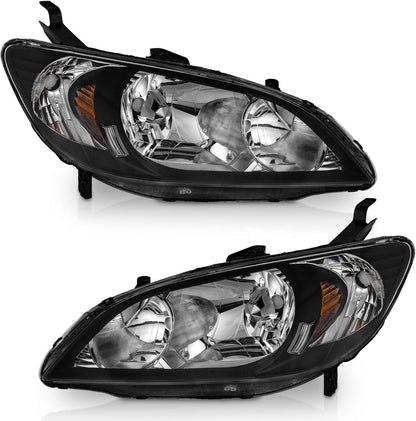 Headlight Assembly for 2001-2005 Honda Civic 2/4 Door - Black/Chrome Housing, Amber Reflector, Left & Right Pair - OMOTOR