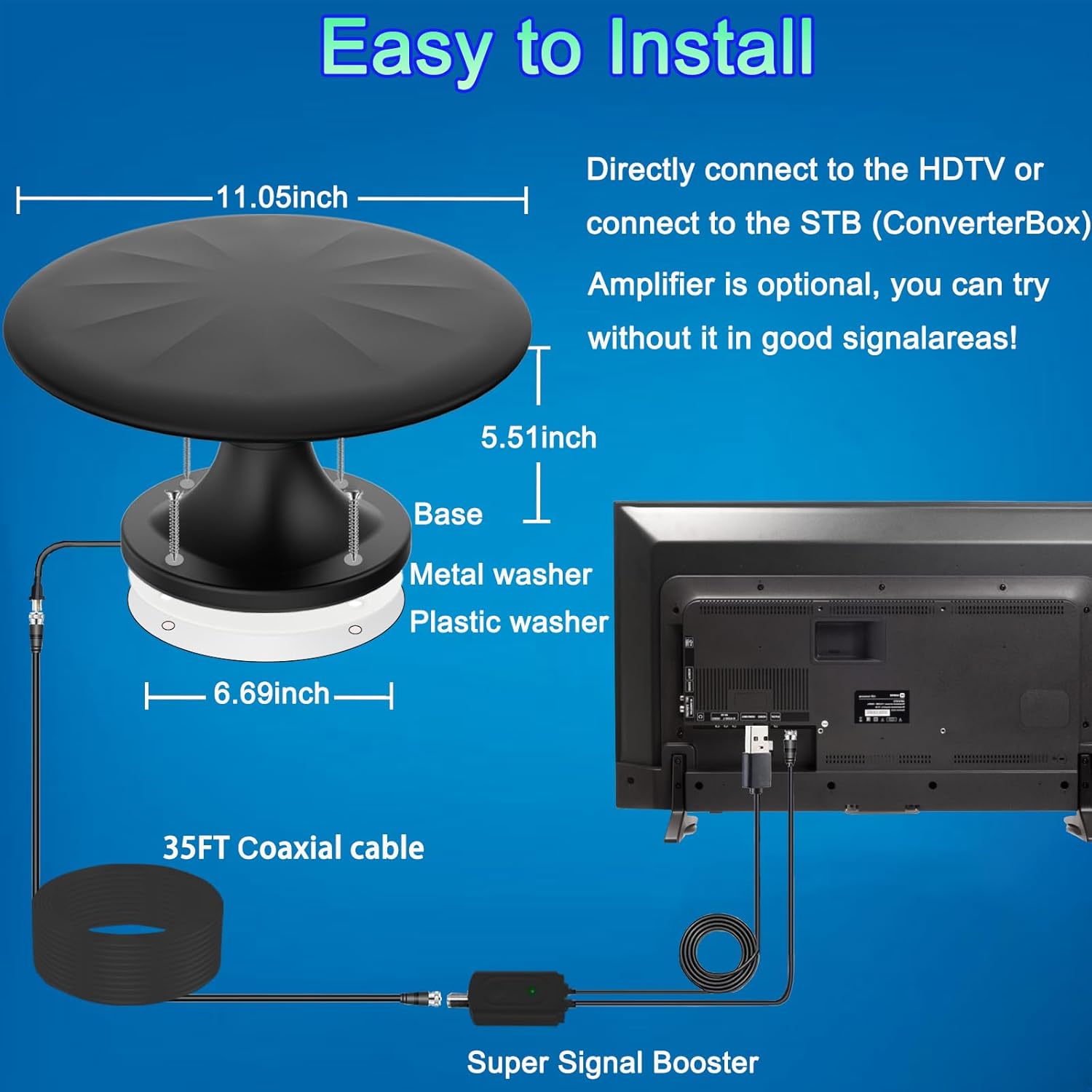 RV Antenna for Camper, RV TV Antennas Roof Mounted, 720° Long Range Omni Directional Reception Digital HD Antenna Signal, with Super Signal Booster, 35ft HDTV Cable. (Black)