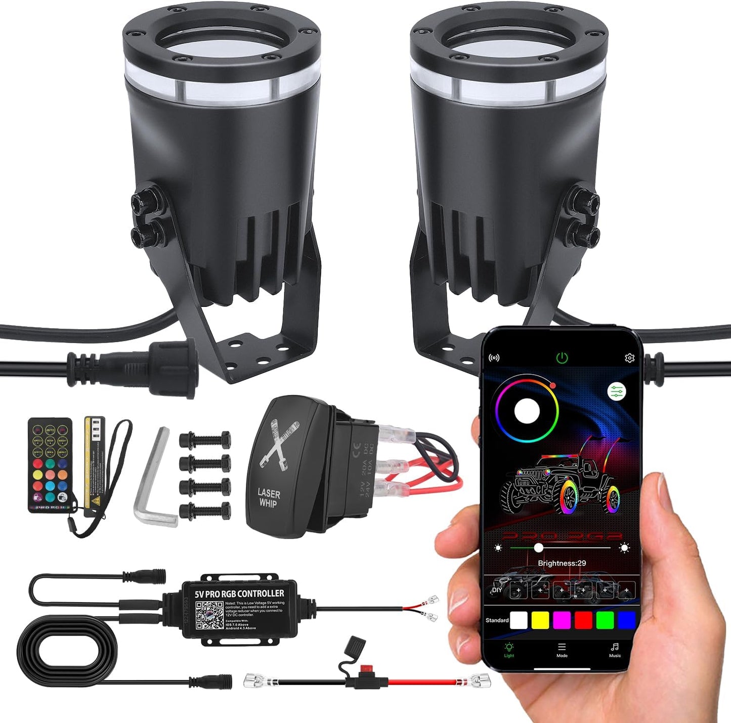 2PCS Whipless Whip Lights with Switch & Remote for SXS, UTV, ATV, RZR, Can Am, Dune Buggy, Truck, Boat