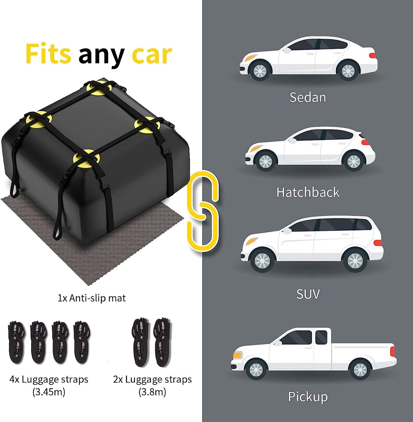 Rooftop Car Cargo Carrier Bag 15 Cubic Feet, Waterproof Car Rooftop Bag with Anti-Slip Mat and 6 Door Hooks, Suitable for All Vehicle with/Without Rack