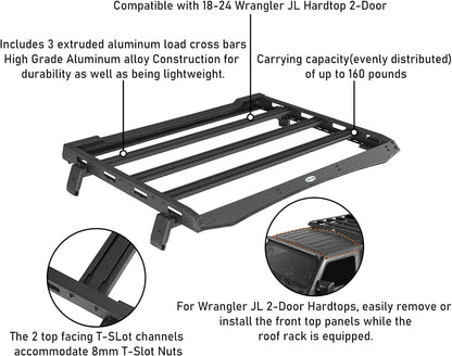 Hooke Road JL 2 Doors Roof Rack Cross Bar Aluminum Cargo Basket Carrier for 2018-2025 Jeep Wrangler JL 2-Door Hard Top (No Drill)- Easily Remove Front Top Panels