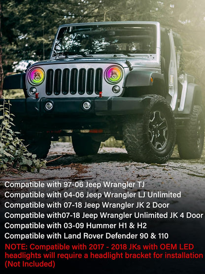 7" Inch  RGB LED Headlights Bluetooth & IR Controlled with Dancing Halo Ring Compatible with 1997-2018 Jeep Wrangler TJ JK - OMOTOR