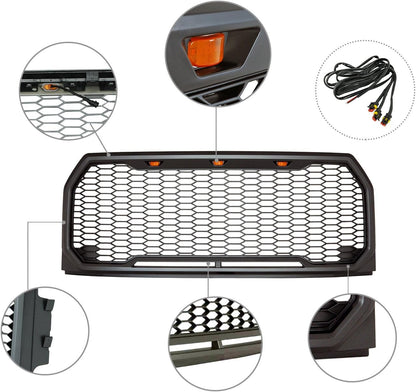 Front Grille with Amber LED Lights Compatible with 2015-2017 F150 Pickup