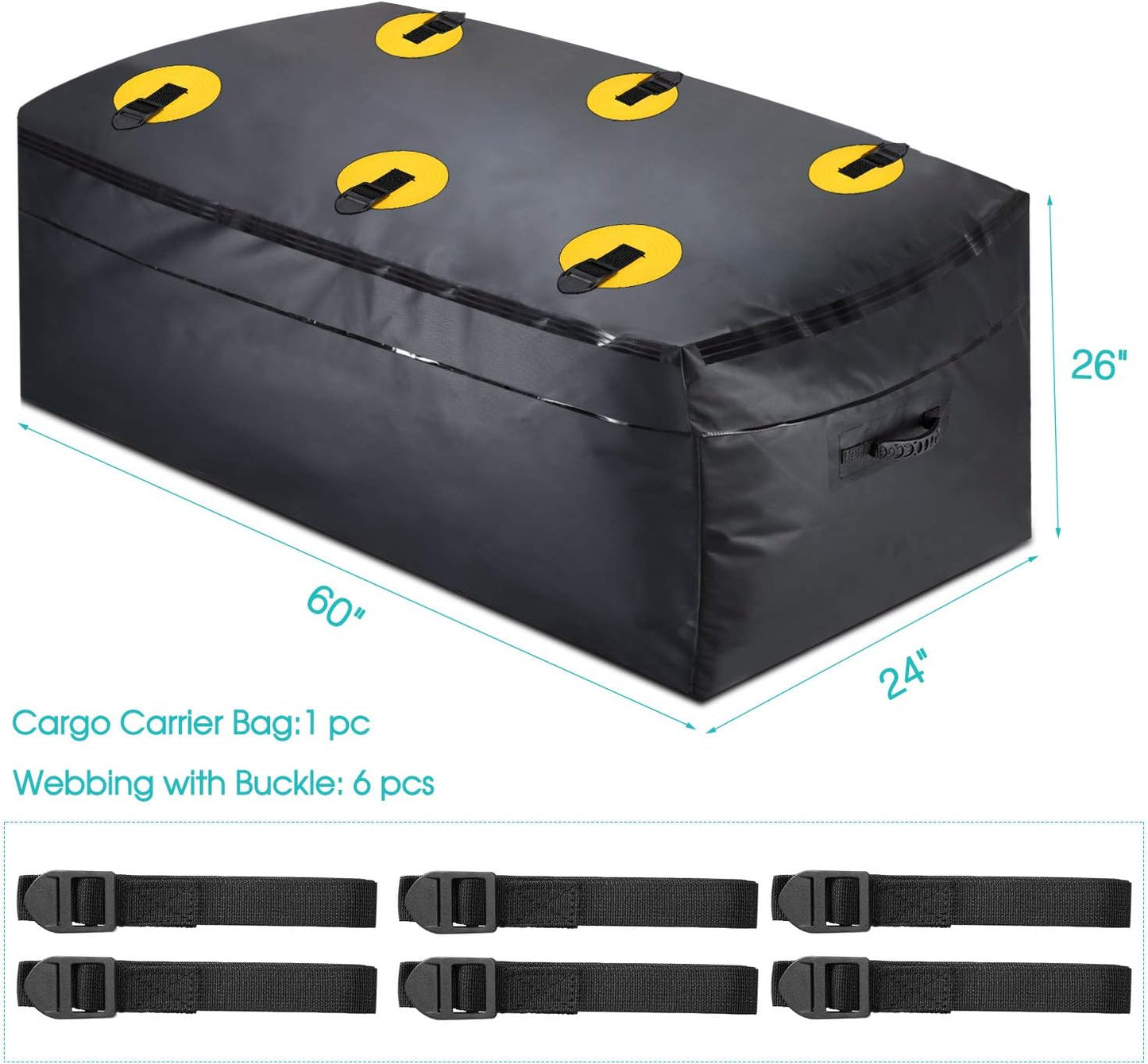 Cargo Carrier Bag 100% Waterproof 60"x24"x26" (22 Cu Ft) Hitch Bag Include 6 Reinforced Straps Fits Car Truck SUV Vans with Basket Hitch Mount