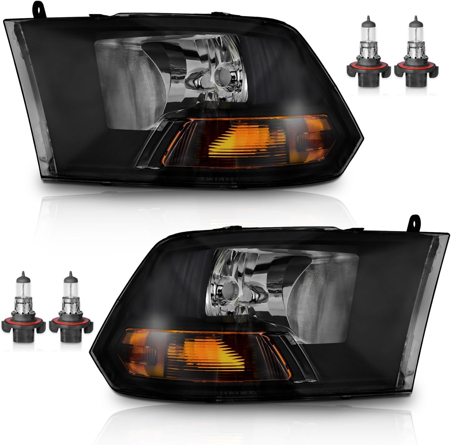 Headlights Assembly Compatible with 2009-2012 Dodge Ram 1500/2010-2012 Dodge Ram 2500 3500 (Does NOT Fit Quad Beam Headlight Models) Headlight Assemblies Black Housing with 2 Pairs H13 Bulbs