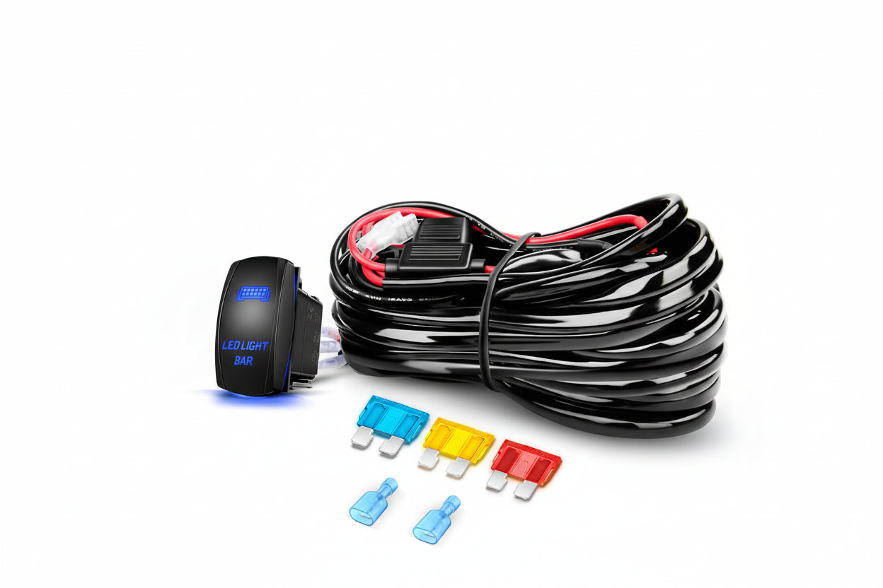 10014W LED Light Bar Wiring Harness Kit 14AWG Heavy Duty 12V 5Pin Rocker Laser On Off Waterproof Switch Power Relay Blade Fuse