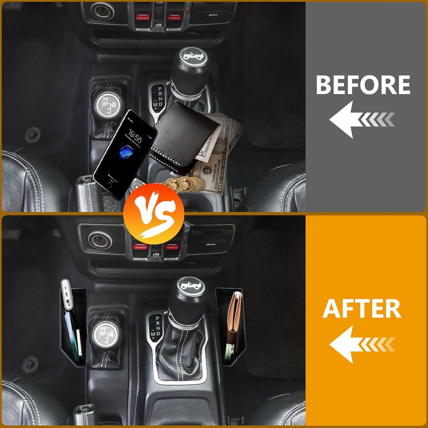 Upgrade Metal Gear Shift Center Console Organizer for Jeep Wrangler Accessories and Jeep Gladiator JL JLU 2025 2024 2023 2022-2018 Rubicon Sahara 4xe Storage Box Tray,Flag Logo (Not for JK/JKU)