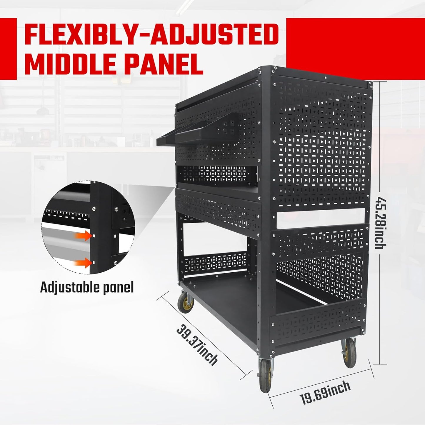 3-Tier DIY Detachable Utility Cart Storage Tool Cart with Steel Pegboard, Foldable Rolling Tool Cart with Wheels for Garage Organizer and Tool Storage