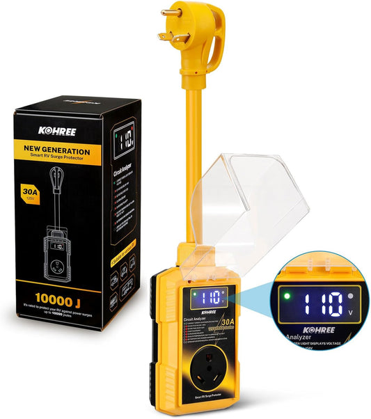 Kohree RV Surge Protector 30/50 Amp with High/Low Voltage Protection, 10000/12000 Joules 30 Amp RV Surge Protector Waterproof, Circuit Analyzer with Smart LED Display for RV Camper, Yellow - OMOTOR