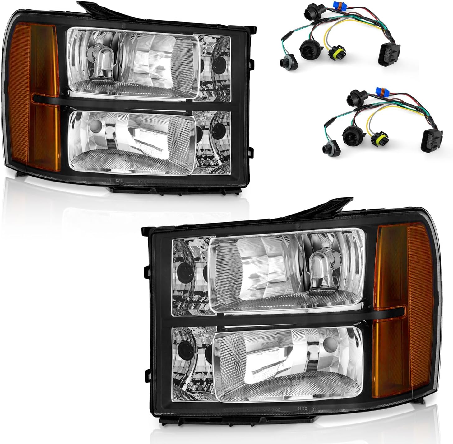 Headlight for 07-13 GMC Sierra 1500/07-14 Sierra 2500 HD 3500 HD Headlamp Black/Chrome Housing Amber Reflector L+R wiring harness included