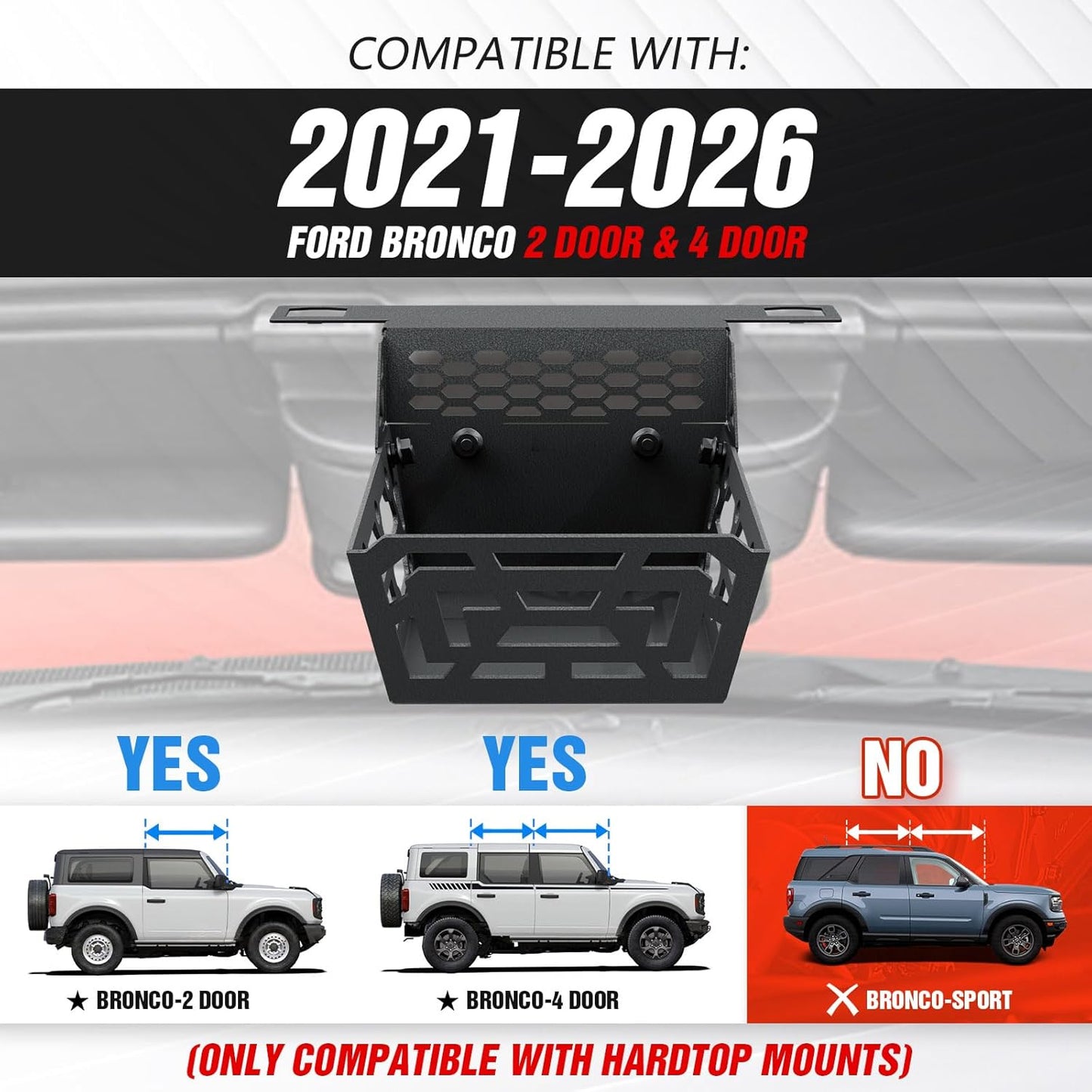 Overhead Storage Compatible with Ford Bronco 2021 2022 2023 2024 2025 2026, Console Organizer Hard Top Basket Interior Steel Storage Panel Tray (Exclude Soft Top)