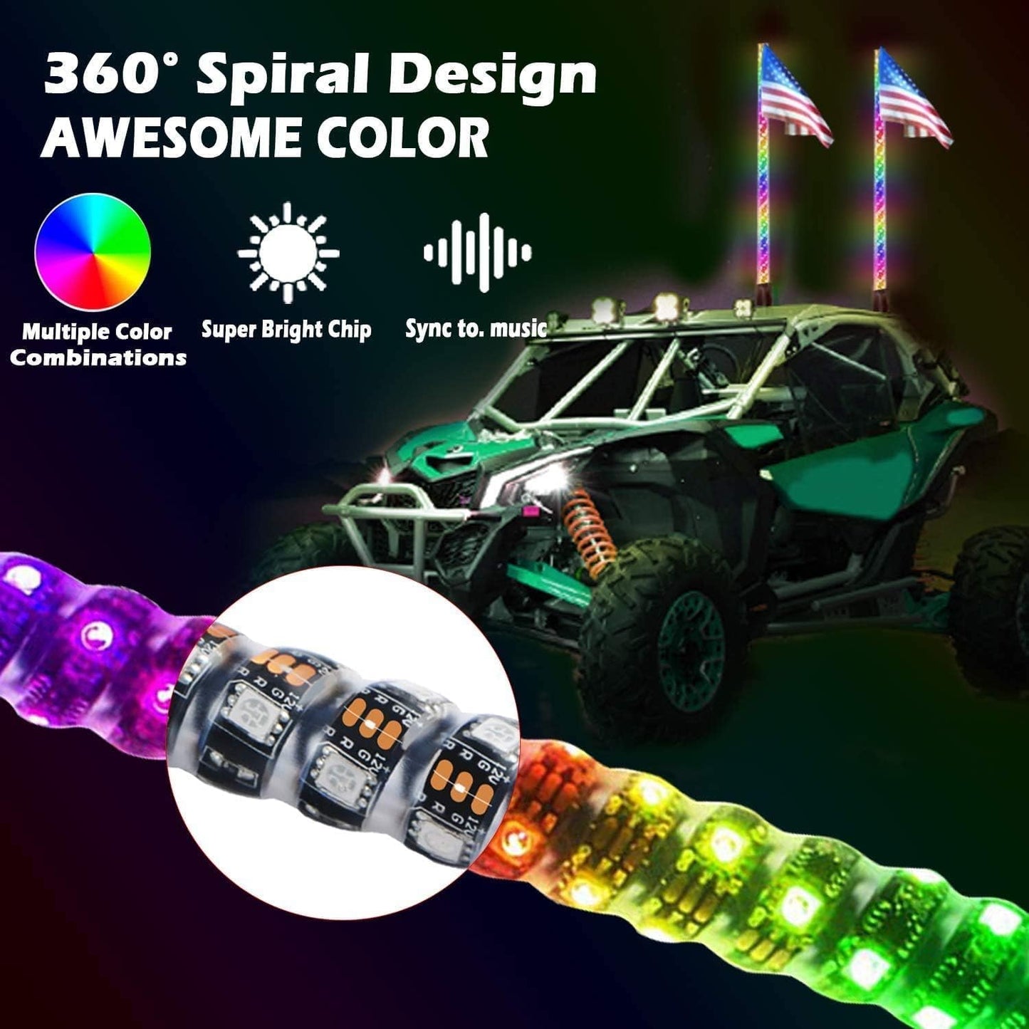 OHMU 2pcs 3FT Led Whip Lights with Bluetooth,Remote Control [Spring Base] [300 Colors] [366 Lighting Modes] 360°Spiraling Rising Dream Wrapped Dancing Offroad Warning Antenna Whips for Side by Side
