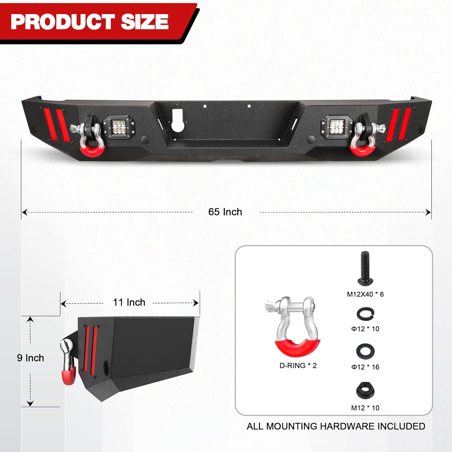 Rear Bumper Compatible with Jeep Gladiator JT 2020 2021 2022 2023 2024 2025, Textured Black Pickup Truck Bumper for 2020-2025 Gladiator JT, with Step Plate, Lights, Sensor Holes and D-rings