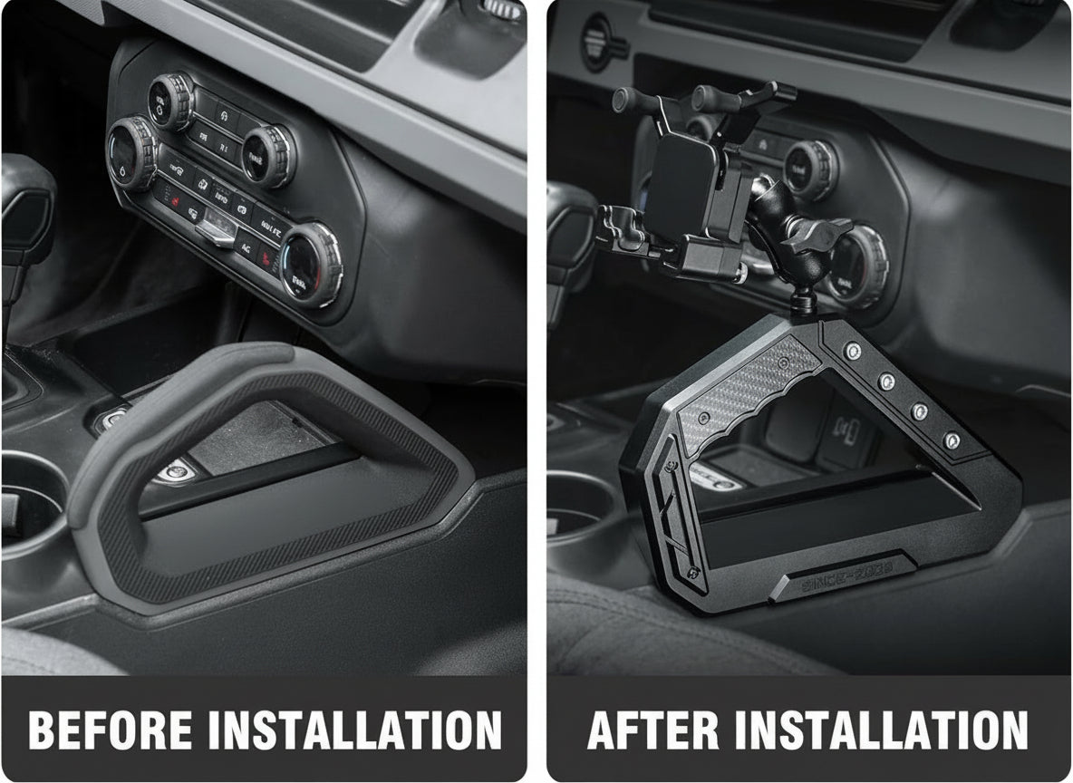 OMU Genesis Series Aluminum Center Console Grab Handle with Phone Holder Compatible with 2021 2022 2023 2024 Ford Bronco Adjustable Anti-Shake Stabilizer Cell Phone Holder