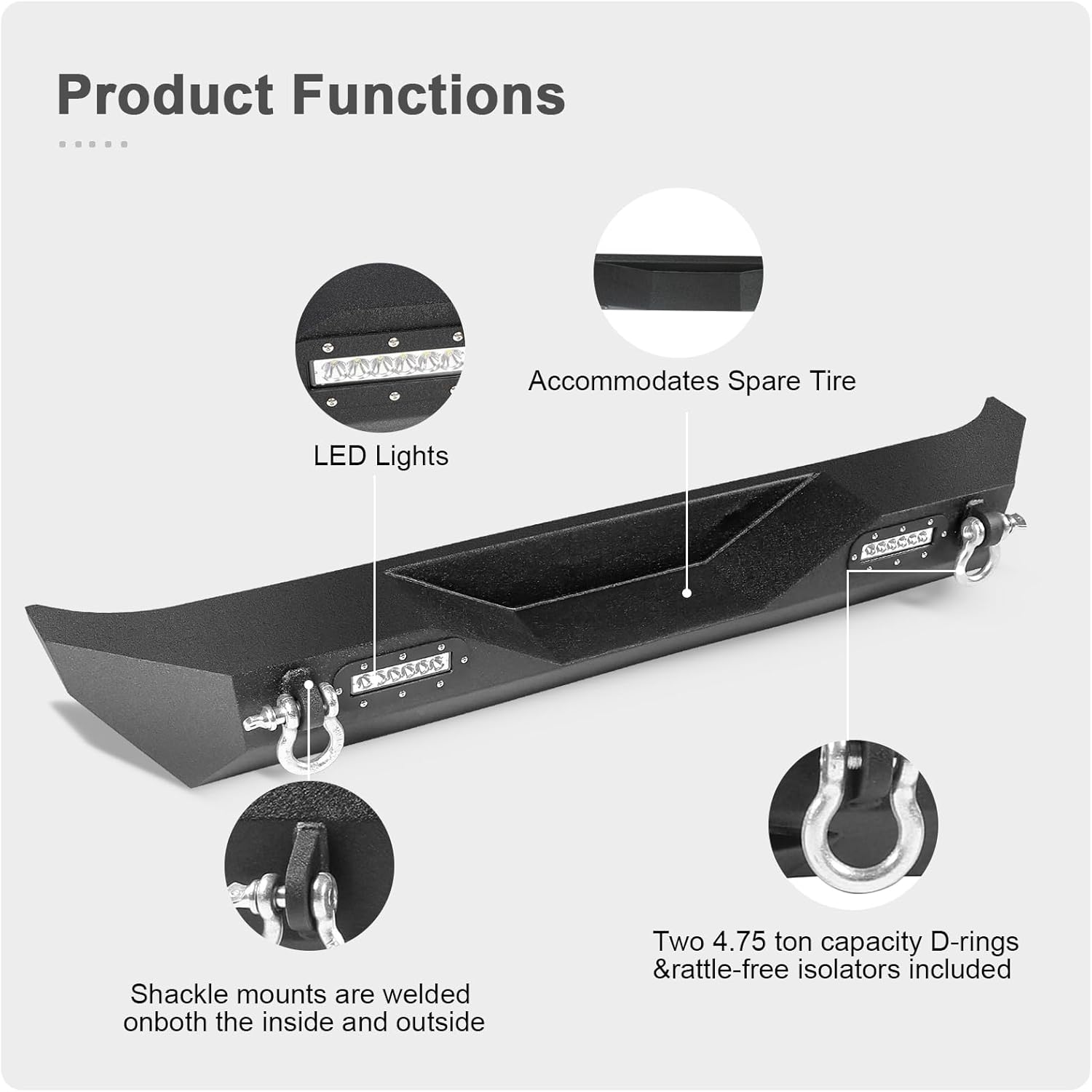 Rear Bumper compatible with Jeep Wrangler JK 2007-2018 JKU Unlimited,Steel Rear Bumper with D-rings and 2 LED Lights,Carbon Steel Black Powder-Coated