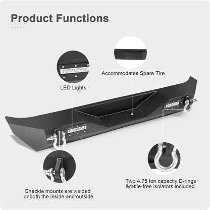 Rear Bumper compatible with Jeep Wrangler JK 2007-2018 JKU Unlimited,Steel Rear Bumper with D-rings and 2 LED Lights,Carbon Steel Black Powder-Coated
