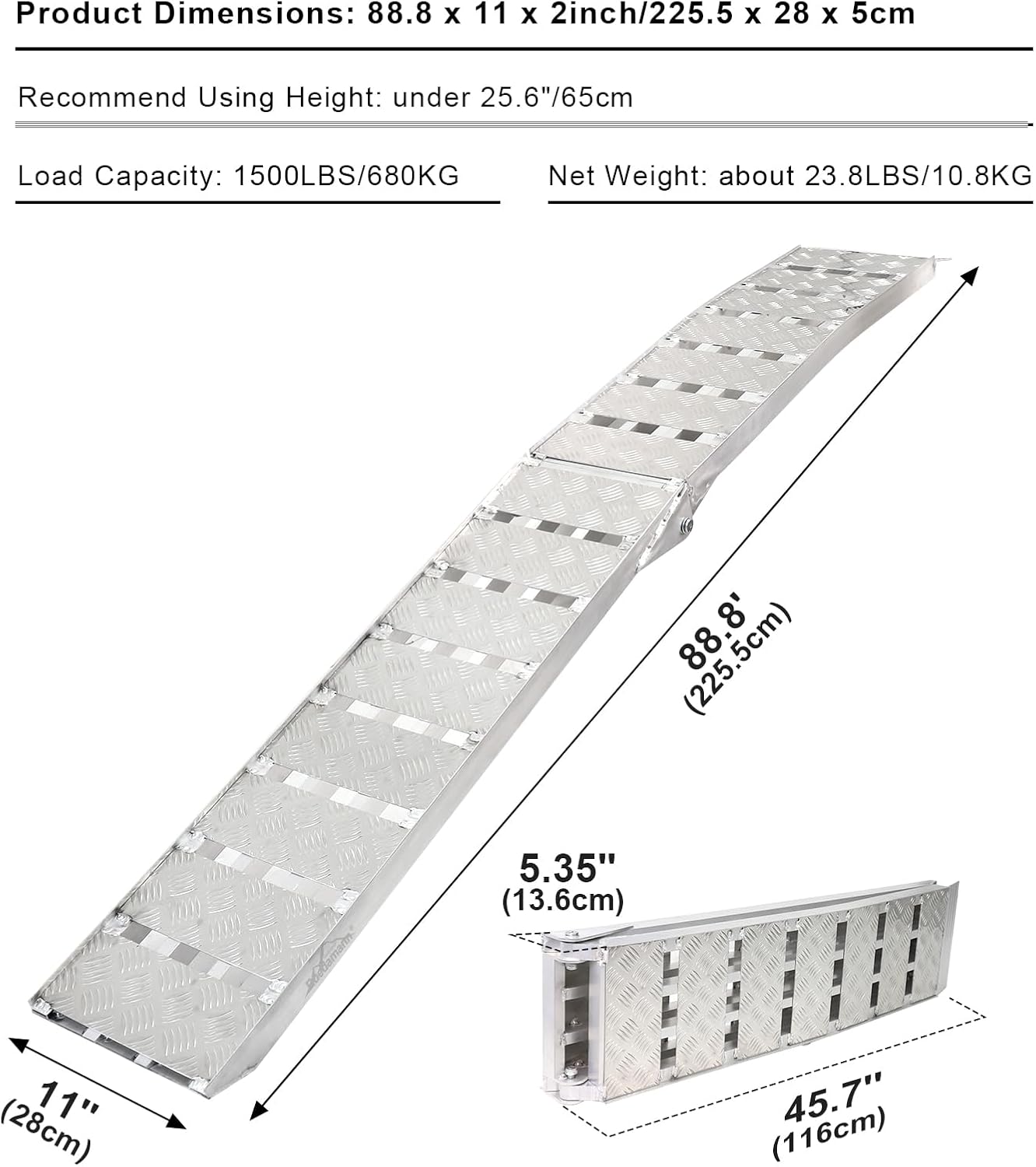 7.5'L × 11" W Folding Loading Ramp, 1500 lbs Capacity, Heavy-Duty Aluminum Portable ATV UTV Ramp/Motorcycle Ramp/Truck Ramp for Dirt Bikes,Carts,Trucks,Lawn Mowers,Snow Blowers Pickup,1 PC