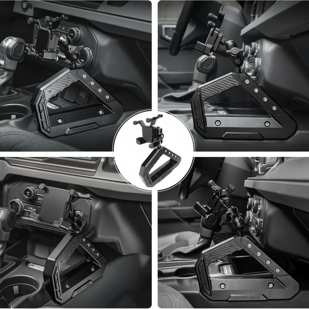 OMU Genesis Series Aluminum Center Console Grab Handle with Phone Holder Compatible with 2021 2022 2023 2024 Ford Bronco Adjustable Anti-Shake Stabilizer Cell Phone Holder