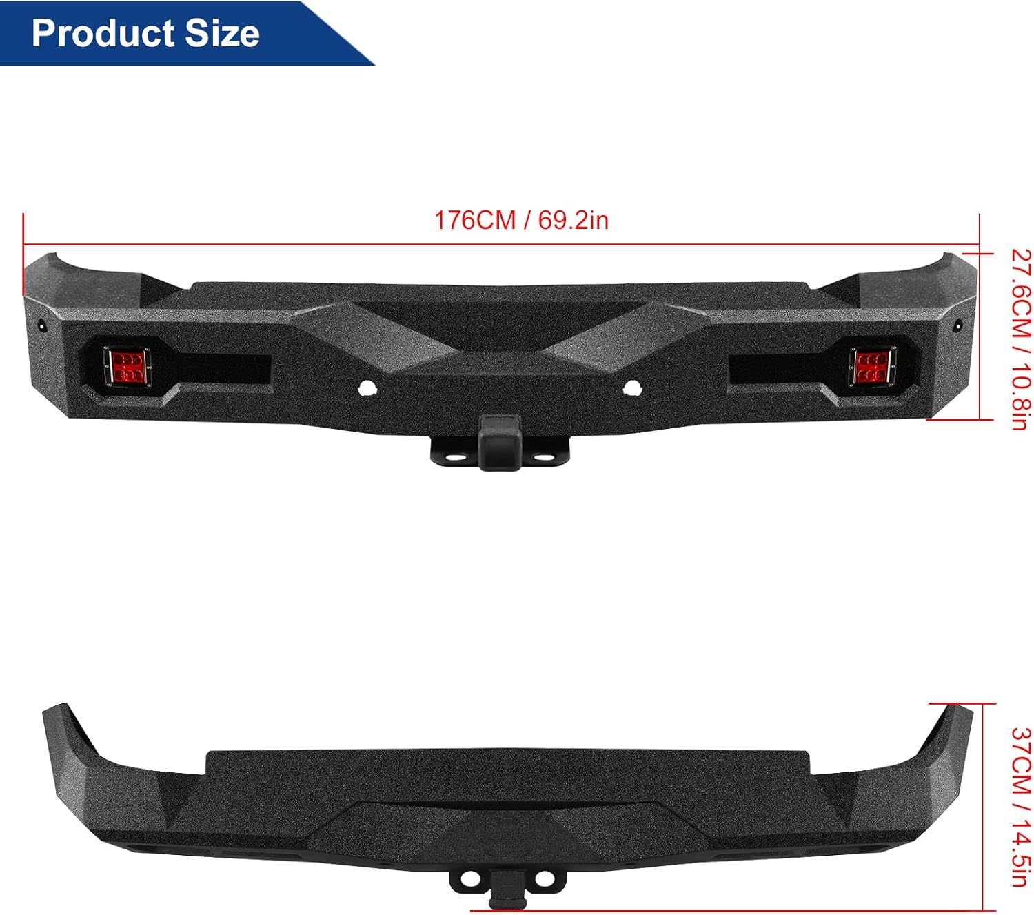Off Road Rear Bumper Fit for Ford Bronco 2021 2022 2023 2024 2025, Heavy-duty Steel Bumper with 2 Red Lights, Hitch Receiver, Sensor Holes Not for Bronco Sport