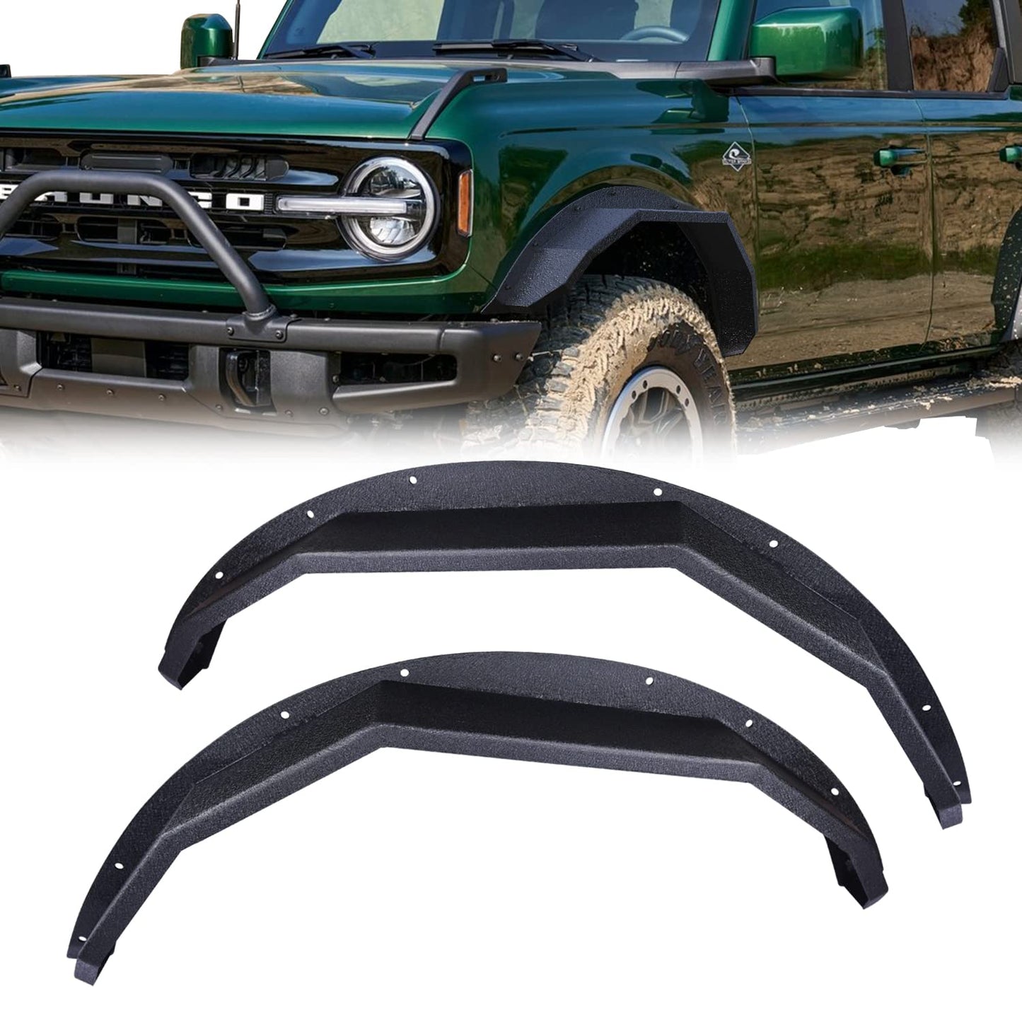 RYNOSKIN Rear Fender Flares Fit 2021-2025 Ford Bronco 2 Door Heavy Duty Carbon Steel Off-Road Flat Wheel Fenders Heavy Textured Black Side Protections (Only for Bronco 2 Door Rear Wheel 2PCS)