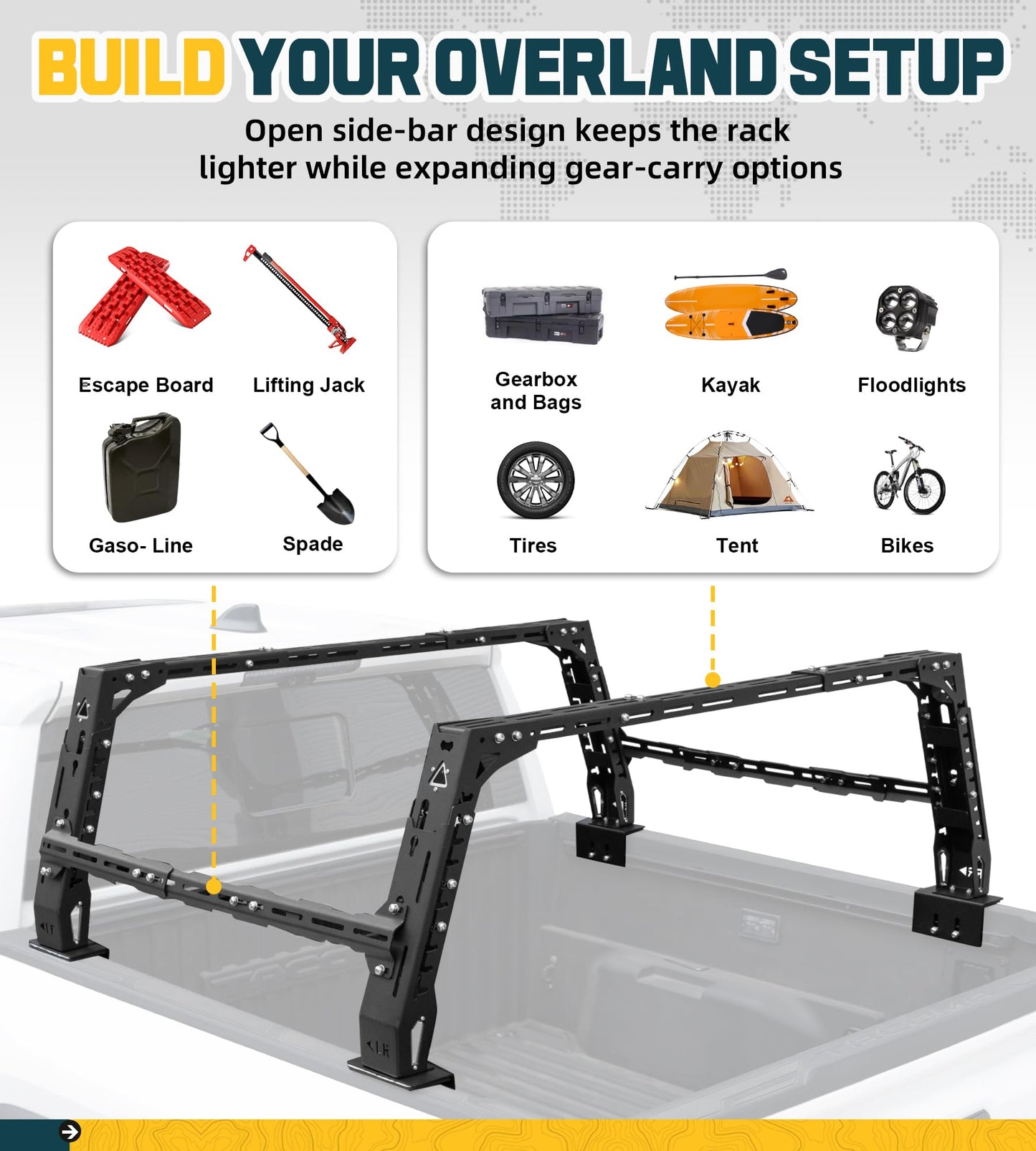 Overland Bed Rack Fit for Full-Size Pickups with Side Cross Bars, Fit for F150/Ram 1500/Silverado/Sierra