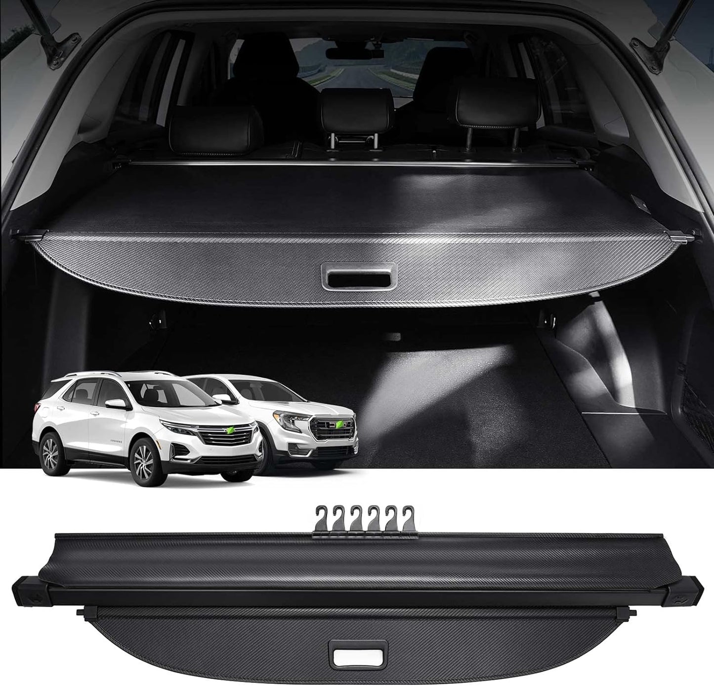 Cargo Cover for Chevy Chevrolet Equinox GMC Terrain 2024 2023 2022 2021 2020 2019 2018 Accessories Retractable Trunk Cover All Weather Shielding Shade Cargo Luggage Cover Carbon Fiber Texture