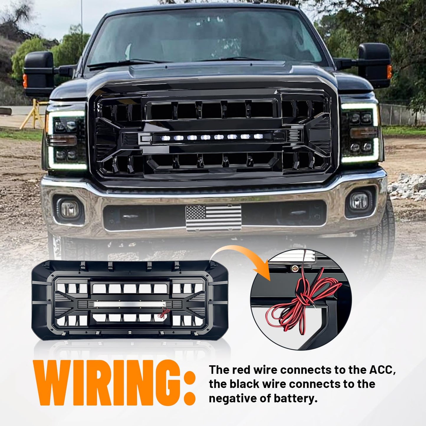 Front Grille Compatible with 2011-2016 F250 F350 F450 F550 Super Duty, Matte Black Front Bumper Grill Guard w/Off-Road Lights