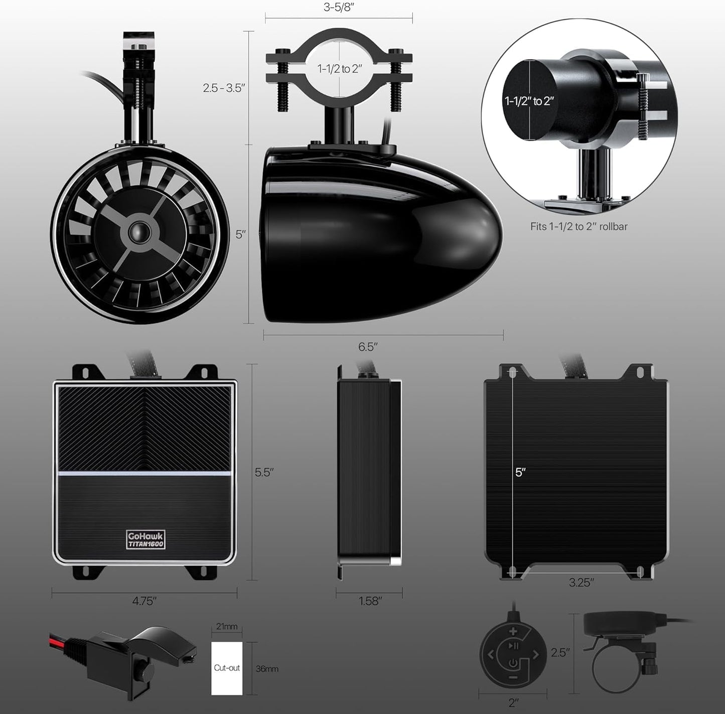 5 Inch Speakers UTV Sound Bar 8 Speakers (4X Woofer & 4X Tweeter) for UTVs Fits 1.5-2in Roll Cages, Compatible with SXS RZR Polaris Can-Am Wildcat ATVs