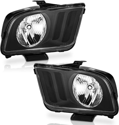 Headlights Assembly Compatible with 2005-2009 Ford Mustang, Headlamp Replacement For 2005 2006 2007 2008 2009 Ford Mustang Headlight Assembly Black Housing Clear Reflector L+R Side Pair Set