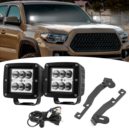 Wsays 2pcs 24 W LED Light Pods & Ditch Hood Hinge LED Pod Mount Bracket w/Wiring Kit Compatible with Toyota Tacoma 2016-2024