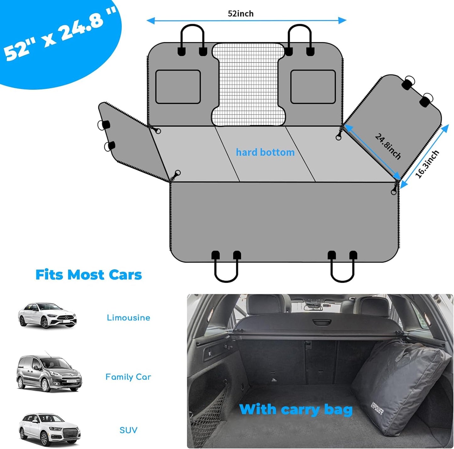 Back Seat Extender for Dogs, Dog Car Seat Cover with Hard Bottom Dog Car Seat Bed Waterproof Dog Hammock for Car Pet Backseat Protector with Mesh Window and Storage Pocket for Car, SUV