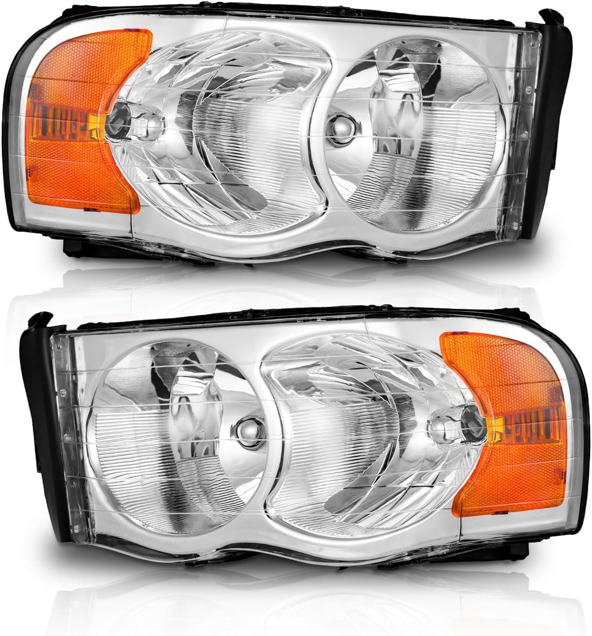 Headlight for 02-05 Dodge Ram 1500 Pickup Headlamp for 03-05 Dodge Ram 2500/3500 Pickup Pair Black/Chrome Housing Amber Reflector Left+Right Side