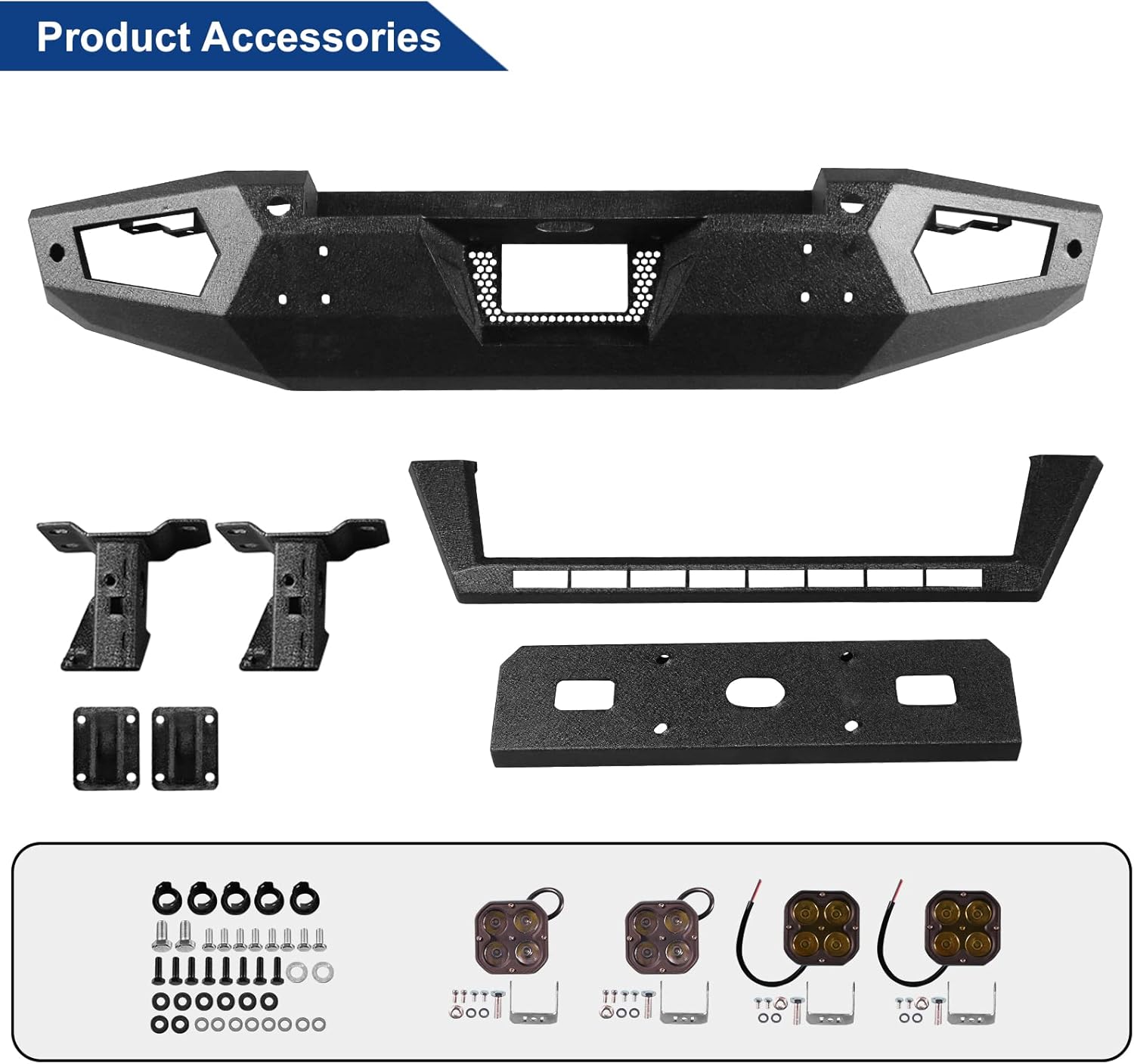 Off road Front Rear Bumper Fit for Ford Bronco 2021 2022 2023 2024 2025 with 6 Lights D-Rings Hitch Receiver Sensor Holes Steel Front Rear Bumper Not for Bronco Sport