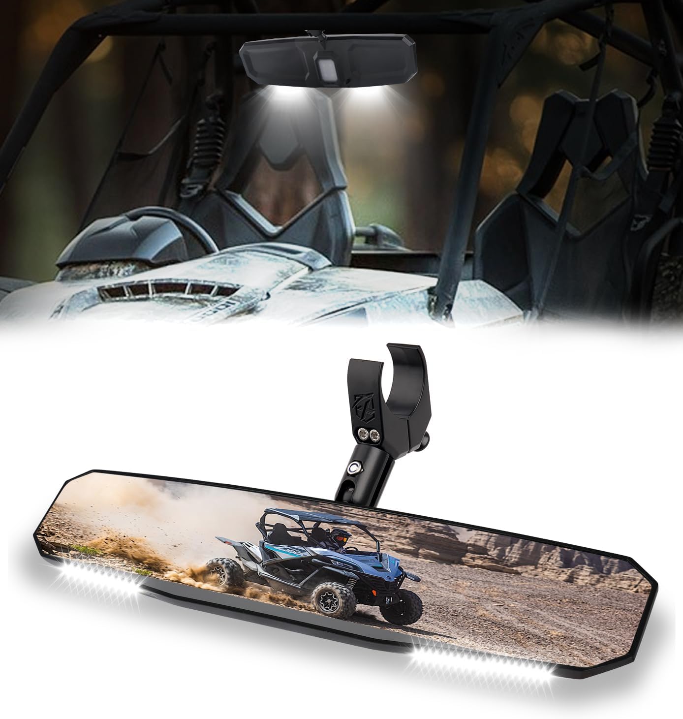 17" UTV Rear View Mirror w/Interior Lights Adjustable Compatible with Polaris Ranger/RZR/Pioneer/Talon/Teryx/Mule/Can Am X3/ CFMOTO