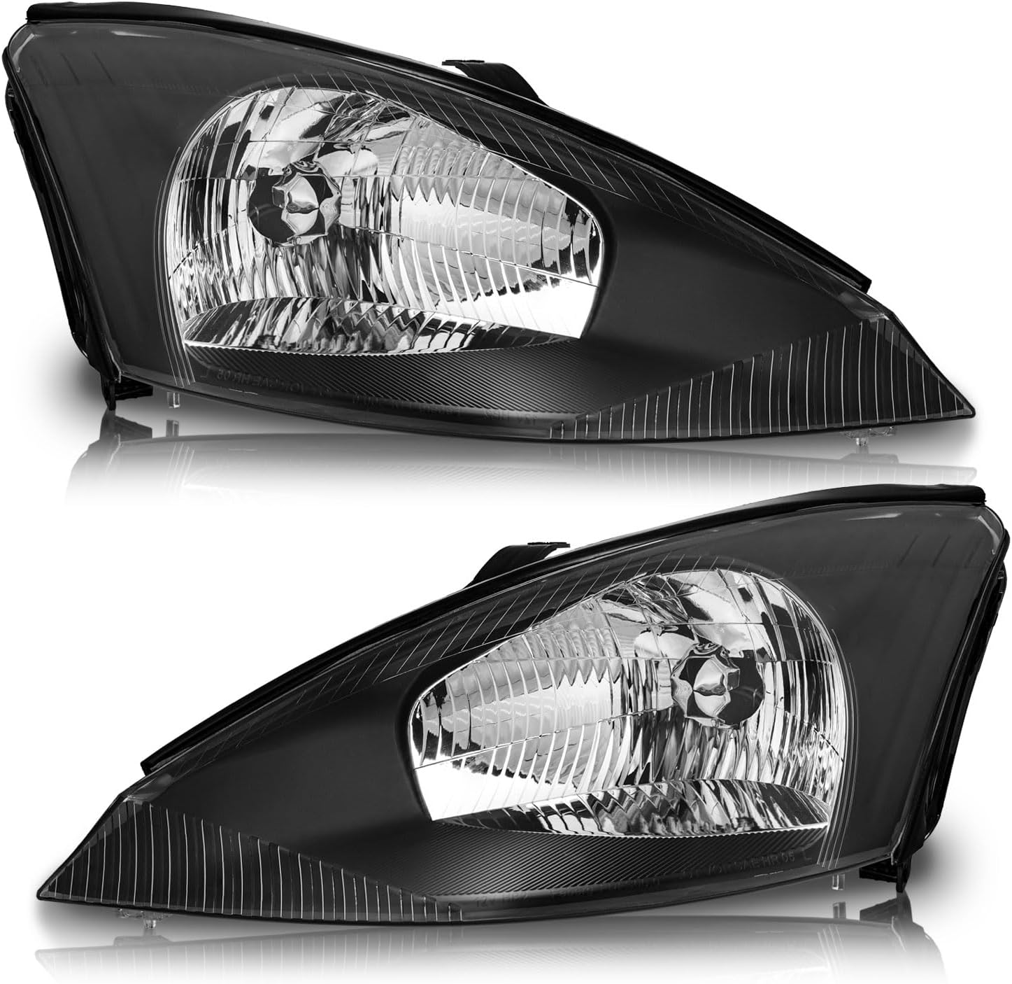 Headlight Assembly for 2000-2004 Ford Focus - Black/Chrome Housing, Clear Reflector, Left & Right Side Replacement