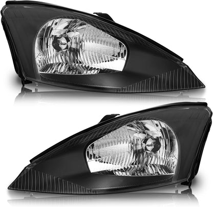 Headlight Assembly for 2000-2004 Ford Focus - Black/Chrome Housing, Clear Reflector, Left & Right Side Replacement - OMOTOR