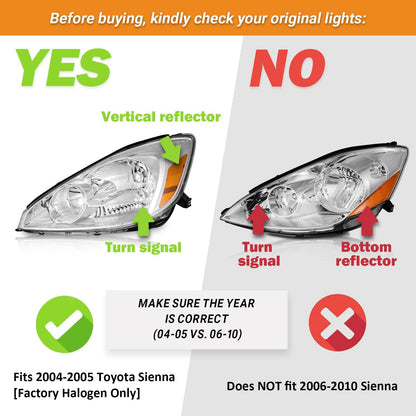 Headlight Assembly for 2004-2005 Toyota Sienna & 2011-2020 Toyota Sienna - Halogen Model, Chrome Housing, Headlamp Replacement - OMOTOR