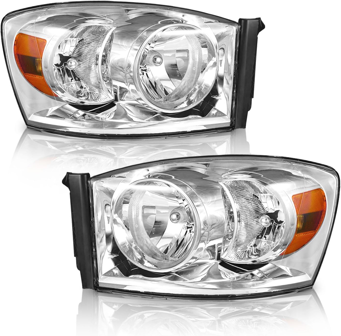 Headlight Assembly for 2006 2007 2008 Dodge Ram 1500/2500/3500; 2009 Ram 2500/3500 Old Body Style Only Headlamp Replacement Black/Chrome Housing