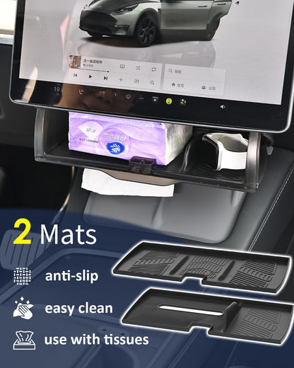 Under Screen Storage Organizer for Tesla Model Y Model 3 Accessories(include Juniper & Highland), Rattle-Free Push Latch Mechanism Perfect Fit, Tissue Dispenser, Hidden for Personal Valuables