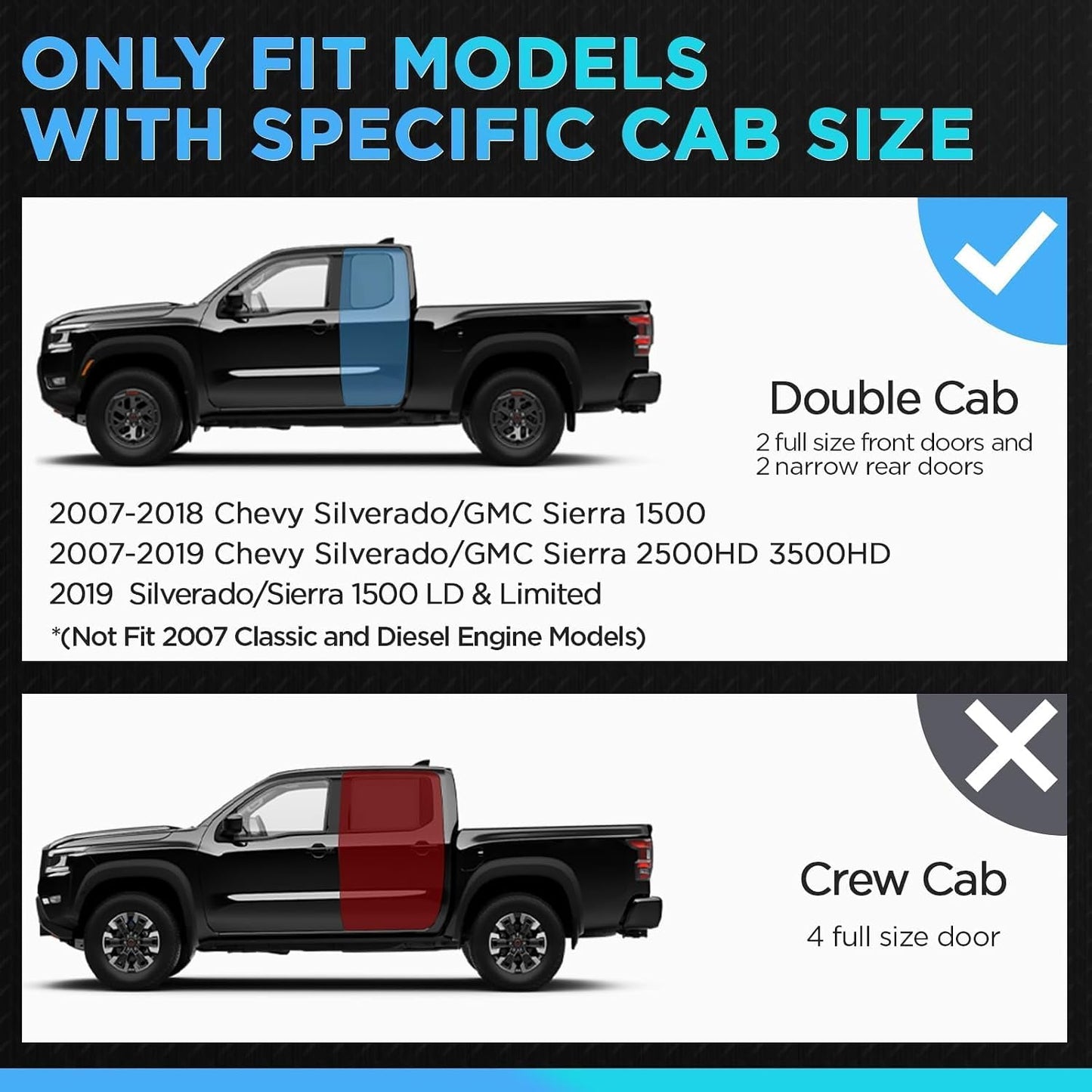 6 inch Running Boards Compatible with 2007-2018 Chevy Silverado/GMC Sierra 1500, 2007-2019 2500HD 3500HD Double/Extended Cab, Textured/Side Step/Nerf Bars (Incl. 2019 Sierra 1500 Limited)