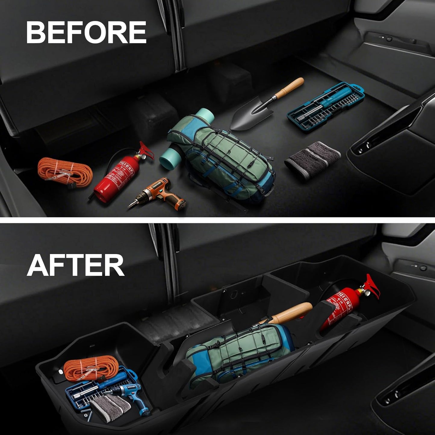 Underseat Storage Box Compatible with 2014-2018 Chevy Silverado/GMC Sierra LD, 2015-2019 Silverado/Sierra HD Crew Cab, Black Rear Under Seat Extra Cargo Store